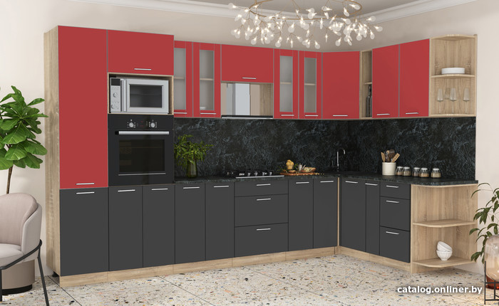 

Готовая кухня Интерлиния Мила 1.88x3.4 правая (красный/антрацит/кастилло темный)