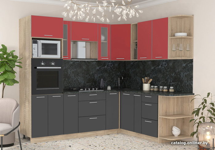 

Готовая кухня Интерлиния Мила 1.88x2.4 правая (красный/антрацит/кастилло темный)